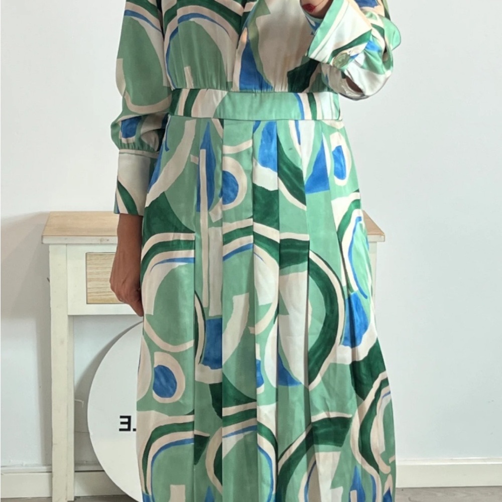 Zara Green and Blue Abstract Long Sleeve Dress
